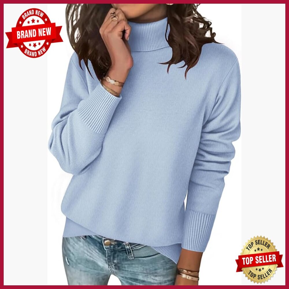 Chunky Turtleneck Sweater Split Hem Pullover Casu… - image 1